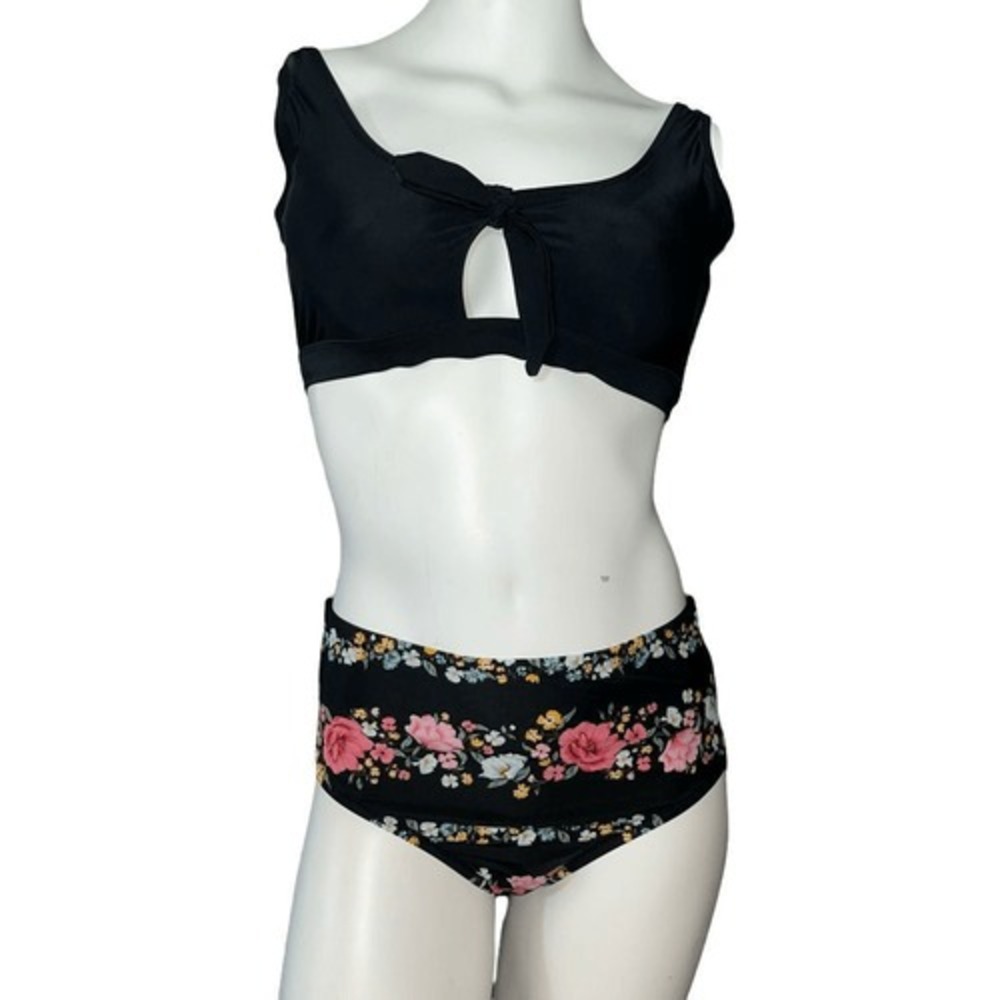 Old‎ Navy Womens Bikini Set Black Tie Front Top M Floral High Waist Bottoms S